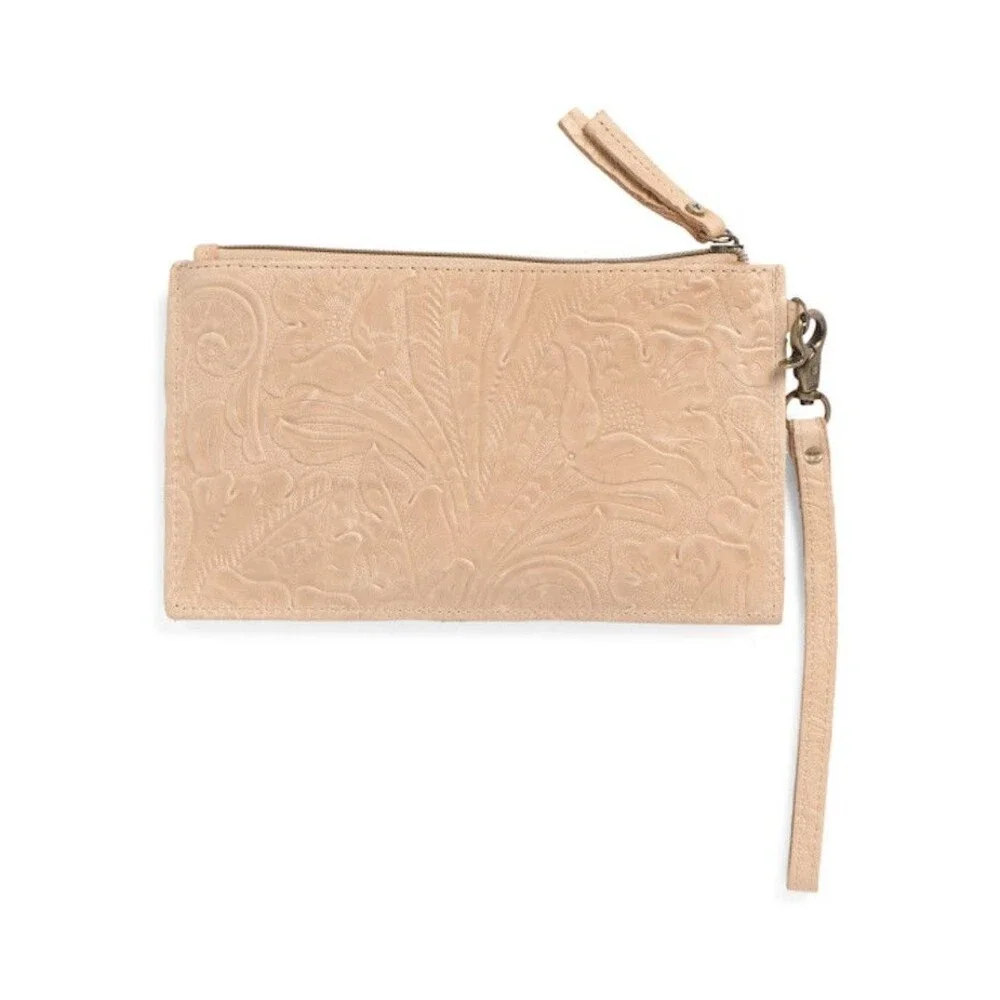 American Leather Company Tooled Zip Phone Power Charger Pouch Wristlet